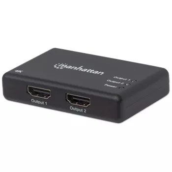 Manhattan HDMI-Splitter 2-Port, 4K@30Hz, gibt Ausgang von einer HDMI-Quelle auf zwei HD-Bildschirme (gleiches Bild auf beiden), Netzbetrieb (Kabel 0,9 m), Schwarz, drei Jahre Garantie