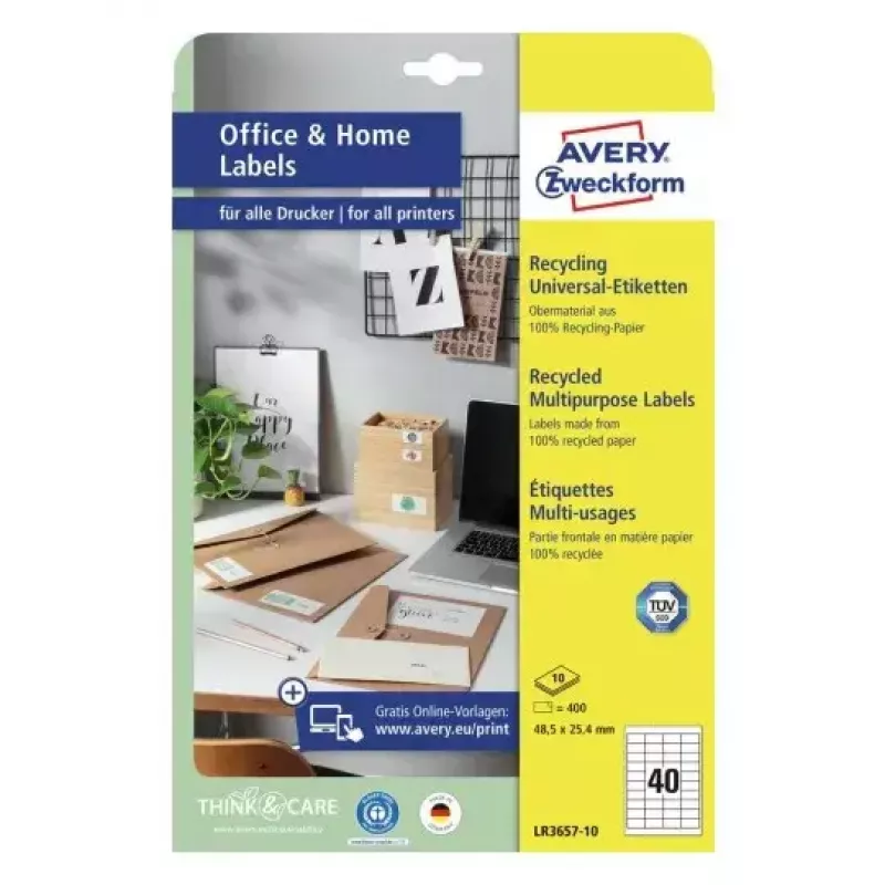 Avery Zweckform LR3657-10 Recycling-Universal-Etiketten, Adressetiketten, 48,5 x 25,4 mm, naturweiß, permanent