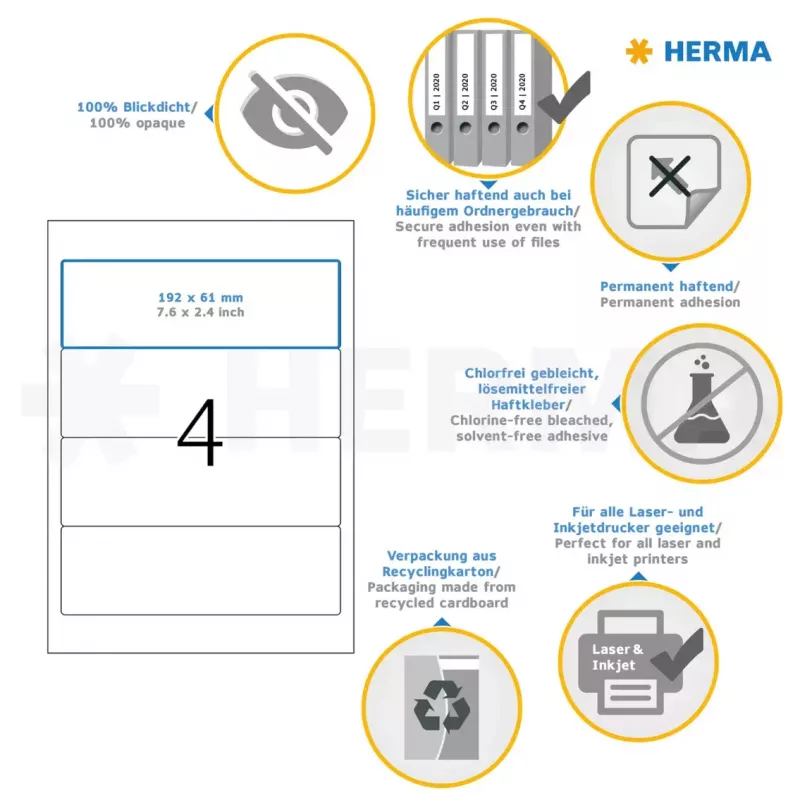 File labels HERMA A4 192x61 mm white paper matt opaque 100 pcs
