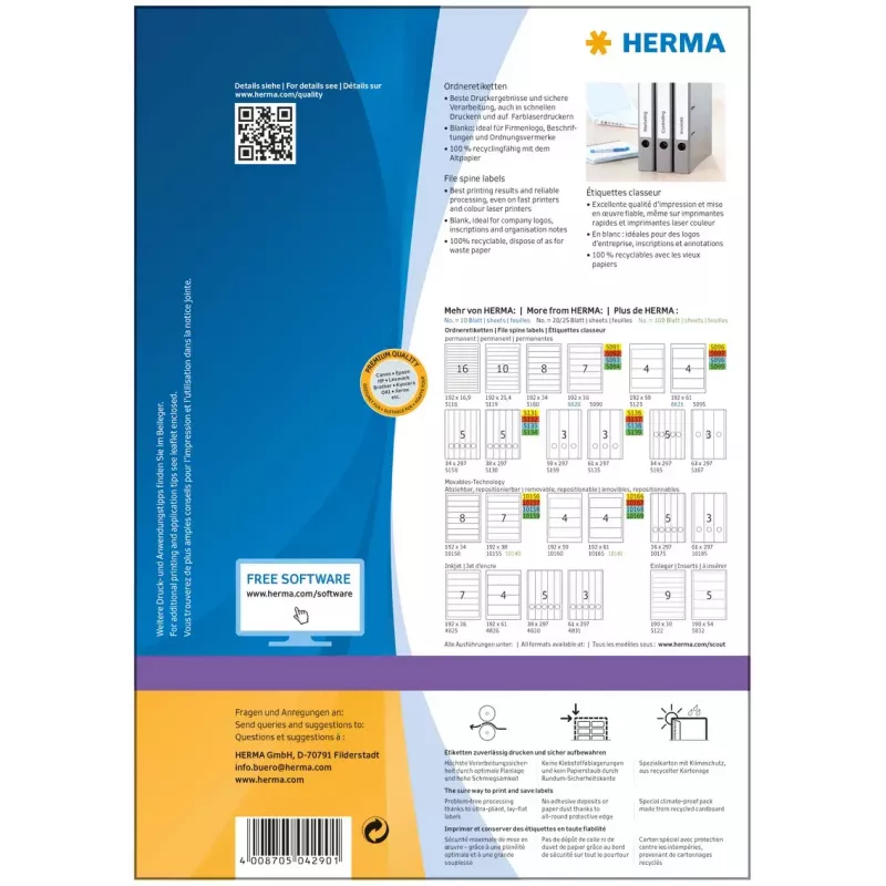 Selbstklebendes Druckeretikett HERMA Aktenetiketten A4 192x34 mm