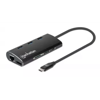 Manhattan USB-C Dock/Hub mit Kartenleser, Anschlüsse (x6): Ethernet, HDMI, USB-A (x3) und USB-C, mit Power Delivery (100 W) zum USB-C-Anschluss (Hinweis: zusätzliches USB-C-Netzteil und USB-C-Kabel erforderlich), universell für alle Geräte, Aluminium, entspricht DKT30CSDHPD3