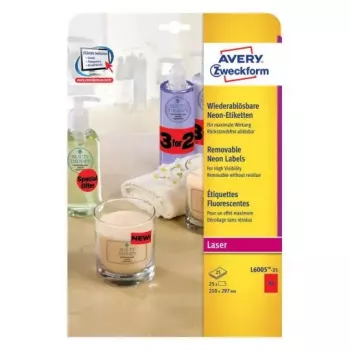 Avery Zweckform L6005-25 Selbstklebeetiketten, fluoreszierend rot, A4, Permanentkleber, 25 Blatt