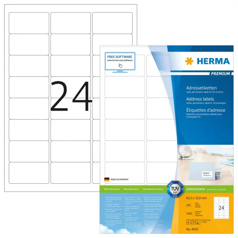 Adressetiketten Premium HERMA A4 63,5x33,9 mm 2400 Stück