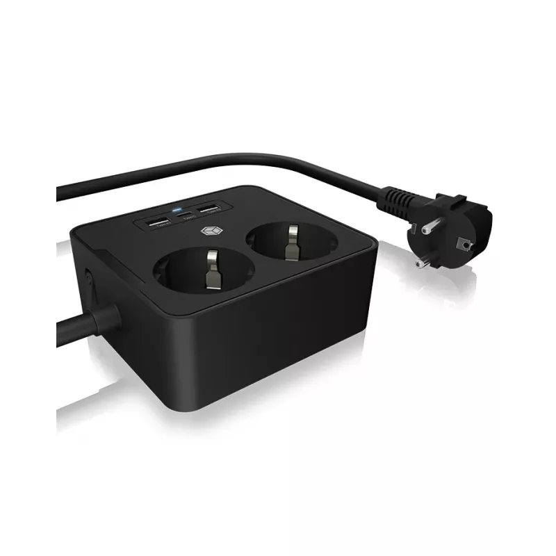 ICY BOX IB-MPS2220B-CH Stromverlängerung 1,9 m 2 AC-Steckdosen Innenbereich Schwarz