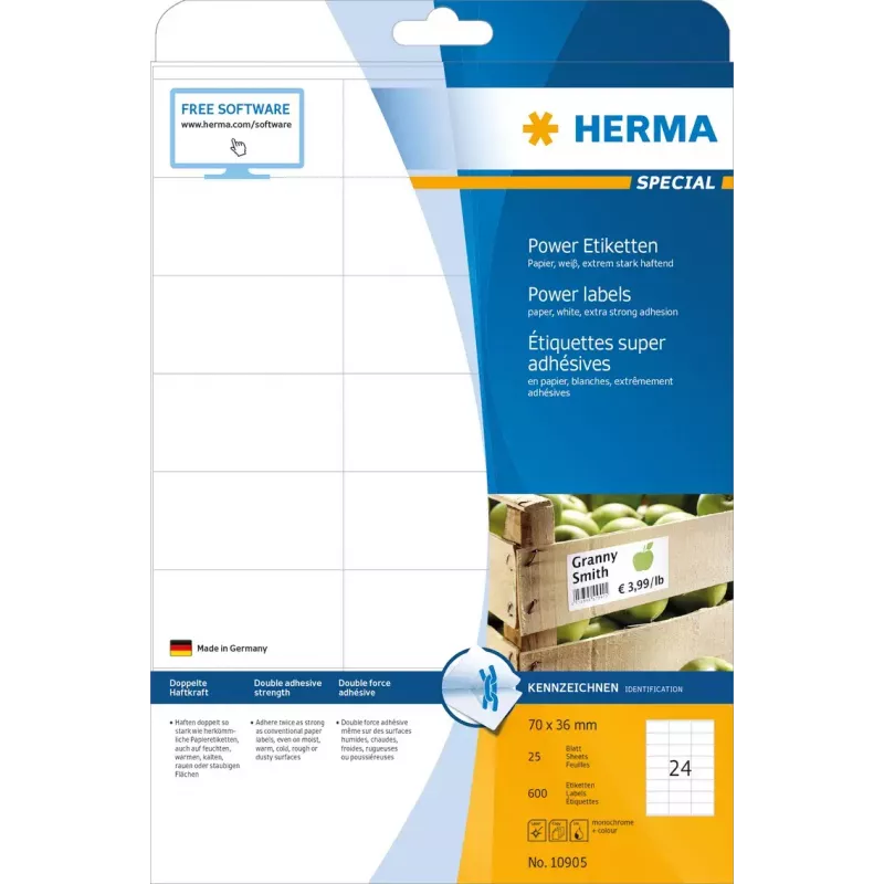 Selbstklebende Druckeretiketten HERMA Labels A4 70x36 mm weiß extra stark haftend Papier matt 600 Stück