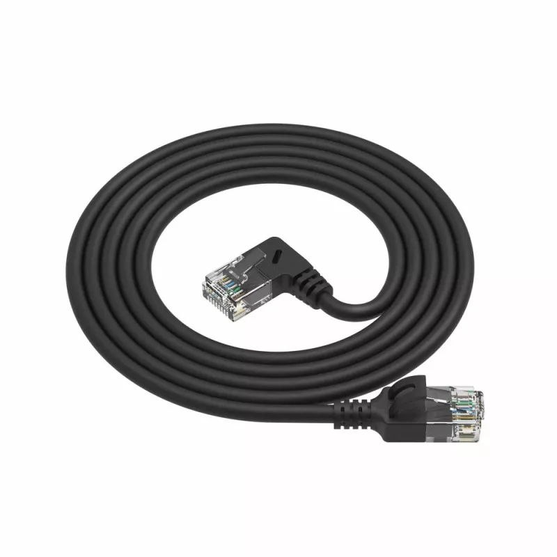 ACT Schwarz 2 Meter U/UTP CAT6A LSZH Slimline Patchkabel mit RJ45-Steckern, 90° abgewinkelt rechts auf gerade