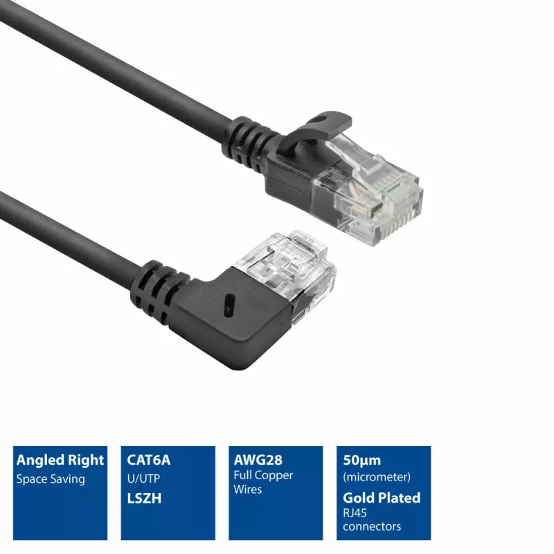 ACT Schwarz 2 Meter U/UTP CAT6A LSZH Slimline Patchkabel mit RJ45-Steckern, 90° abgewinkelt rechts auf gerade