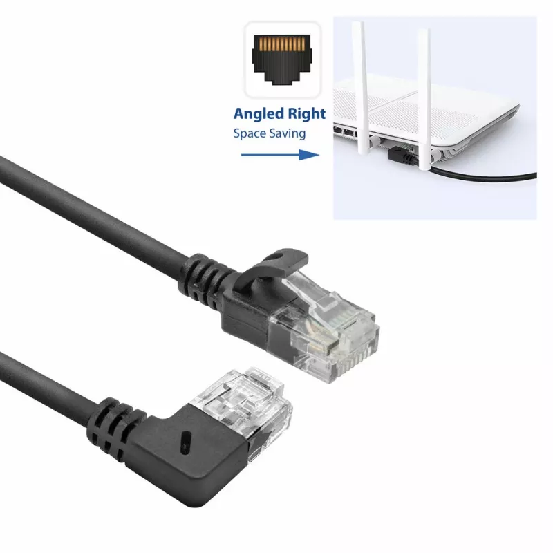 ACT Schwarz 2 Meter U/UTP CAT6A LSZH Slimline Patchkabel mit RJ45-Steckern, 90° abgewinkelt rechts auf gerade