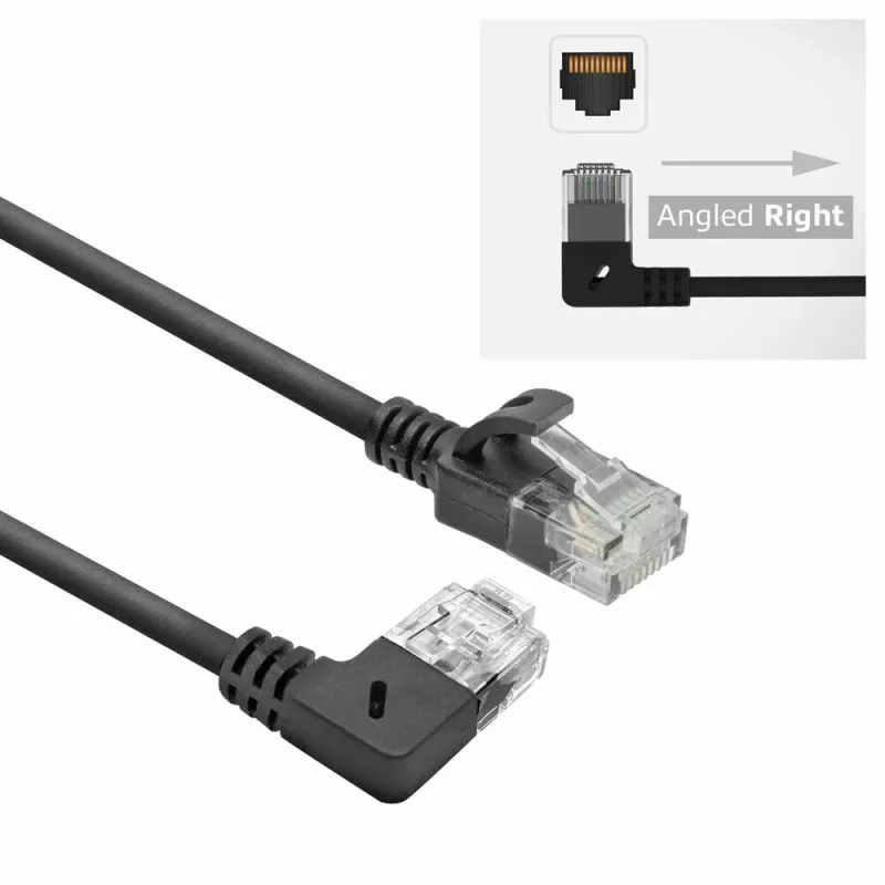 ACT Schwarz 3 Meter U/UTP CAT6A LSZH Slimline Patchkabel mit RJ45-Steckern 90° abgewinkelt rechts auf gerade