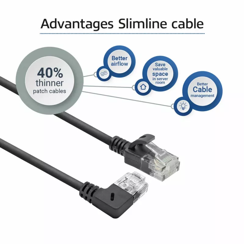 ACT Schwarz 3 Meter U/UTP CAT6A LSZH Slimline Patchkabel mit RJ45-Steckern 90° abgewinkelt rechts auf gerade