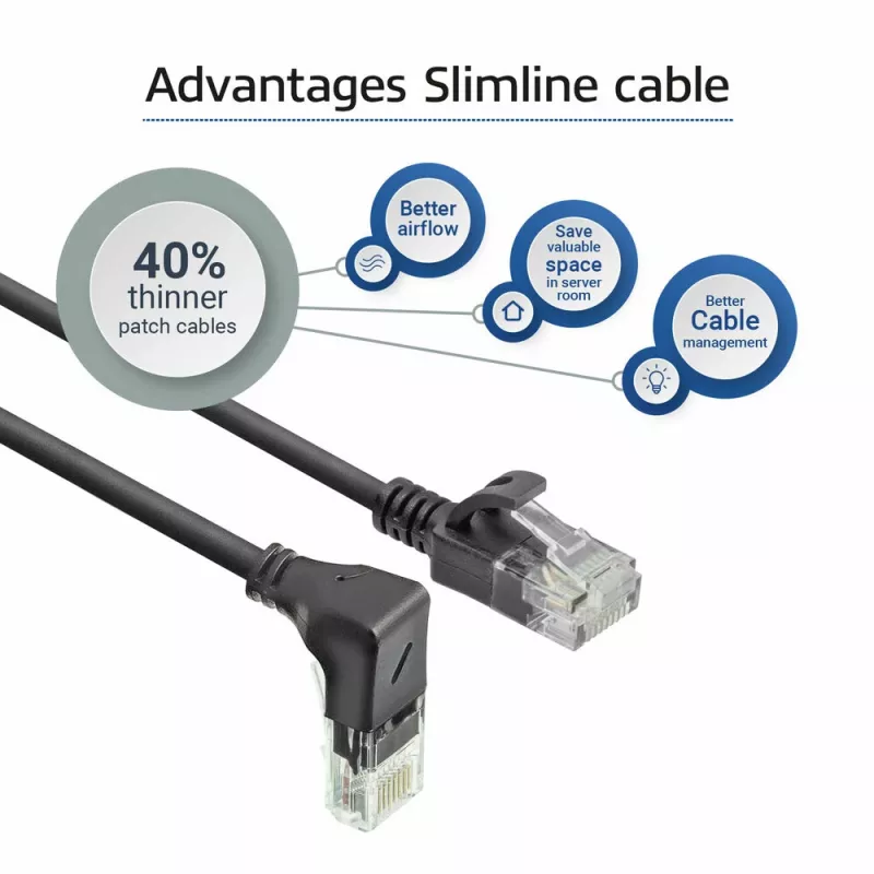 ACT Schwarz 1 Meter U/UTP CAT6A LSZH Slimline-Patchkabel mit RJ45-Steckern 90° abgewinkelt nach unten zu gerade