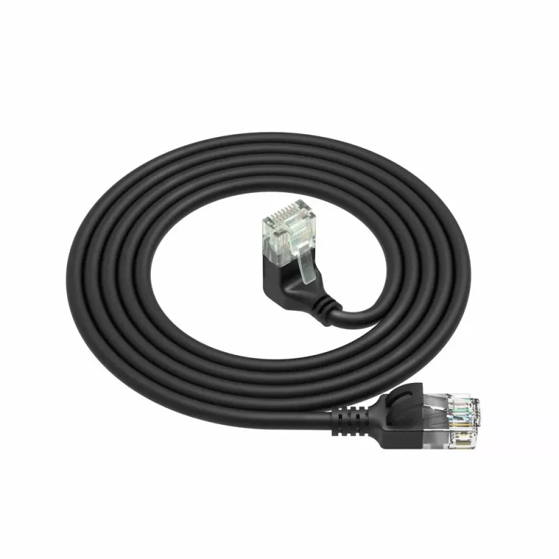 ACT Schwarz 2 Meter U/UTP CAT6A LSZH Slimline-Patchkabel mit RJ45-Steckern 90° abgewinkelt nach unten auf gerade