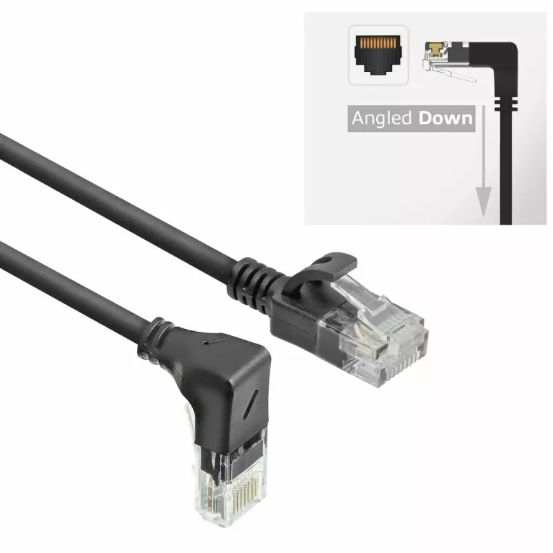 ACT Schwarz 2 Meter U/UTP CAT6A LSZH Slimline-Patchkabel mit RJ45-Steckern 90° abgewinkelt nach unten auf gerade