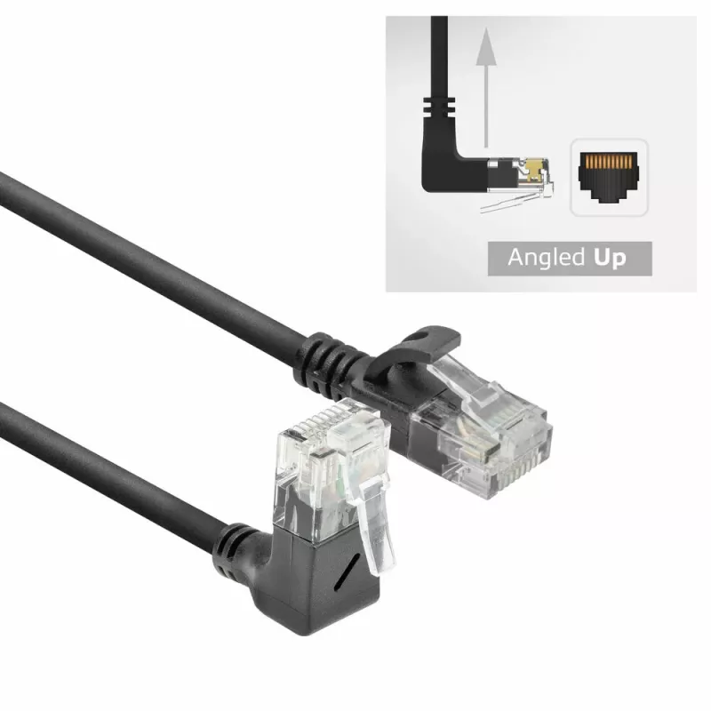 ACT Schwarz 1,5 Meter U/UTP CAT6A LSZH Slimline Patchkabel mit RJ45-Steckern 90° abgewinkelt nach oben auf gerade