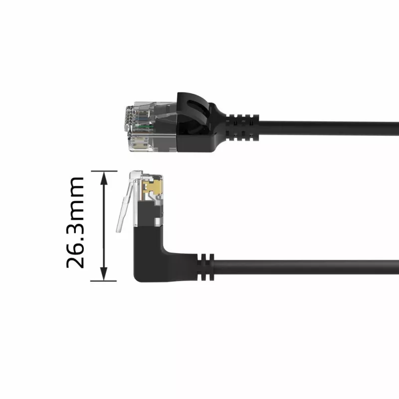 ACT Schwarz 1,5 Meter U/UTP CAT6A LSZH Slimline Patchkabel mit RJ45-Steckern 90° abgewinkelt nach oben auf gerade