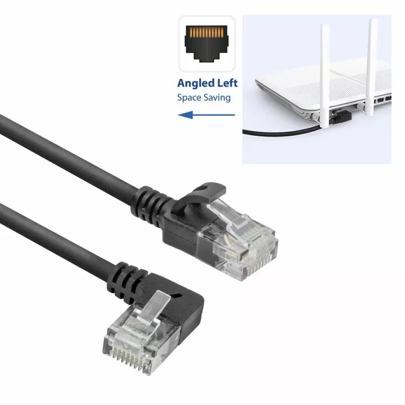 ACT Schwarz 0.5 meters U/UTP CAT6A LSZH Slimline-Patchkabel mit RJ45-Steckern 90° links abgewinkelt auf gerade