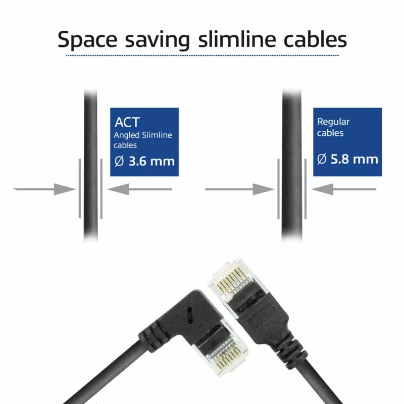 ACT Schwarz 0,15 Meter U/UTP CAT6A LSZH Slimline Patchkabel mit RJ45-Steckern 90° abgewinkelt rechts auf gerade
