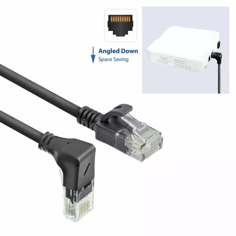 ACT Schwarz 0,15 Meter U/UTP CAT6A LSZH Slimline Patchkabel mit RJ45-Steckern 90° abgewinkelt nach unten zu gerade