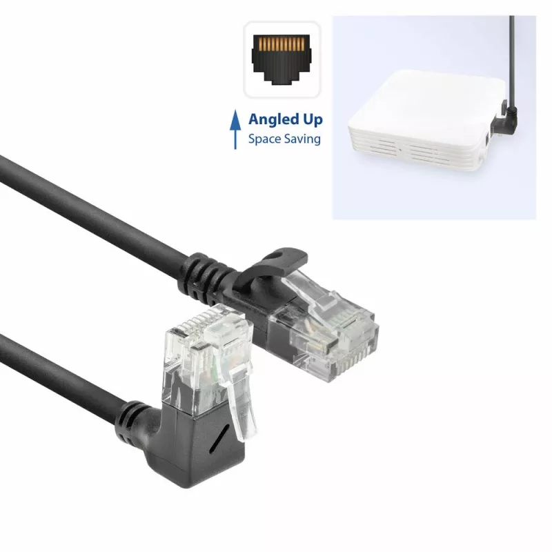 ACT Schwarz 0,5 Meter U/UTP CAT6A LSZH Slimline Patchkabel mit RJ45-Steckern, 90° abgewinkelt nach oben auf gerade