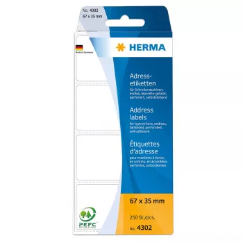 HERMA Endlos-Fanfold-Adressetiketten 4302, 67 x 35 mm, Weiß, 250 Stück