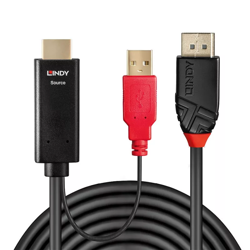 Lindy HDMI-zu-DisplayPort-Kabel, 5 m, DisplayPort, HDMI + USB, Stecker, Stecker, Gold