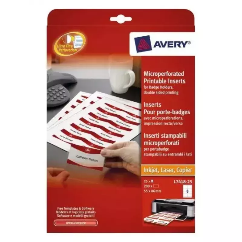 Avery L7418-25 Namensetiketten, weiß, 86 x 55 mm, 200 Etiketten (25 Blatt)