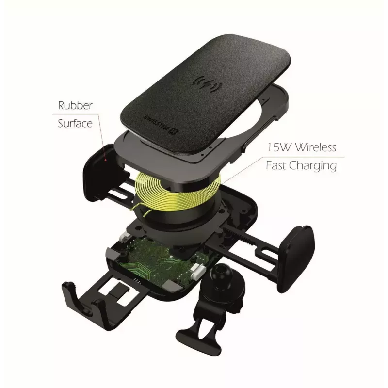 Swissten S-Grip W2-AV5 Kfz-Halterung mit kabellosem 15-W-Ladegerät, mit USB-/USB-C-Kabel, schwarz
