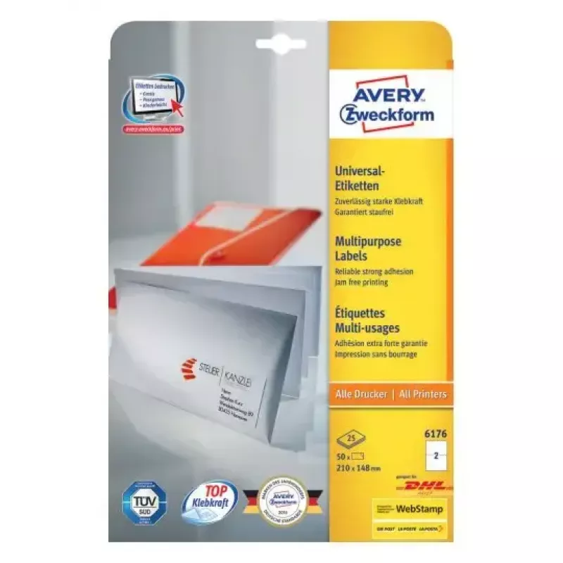 Etikettenblätter Avery Zweckform Modell 6176 – bedruckbare Blätter 210 × 148 mm, Packungsformat