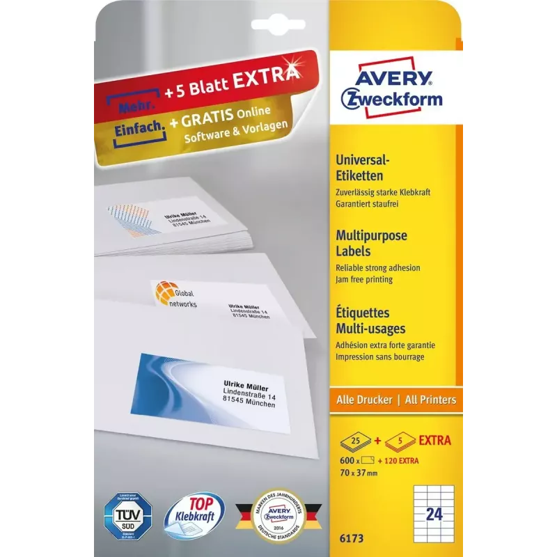 Avery Zweckform 6173 selbstklebende Etiketten, 70 x 37 mm, permanent haftend, Weiß