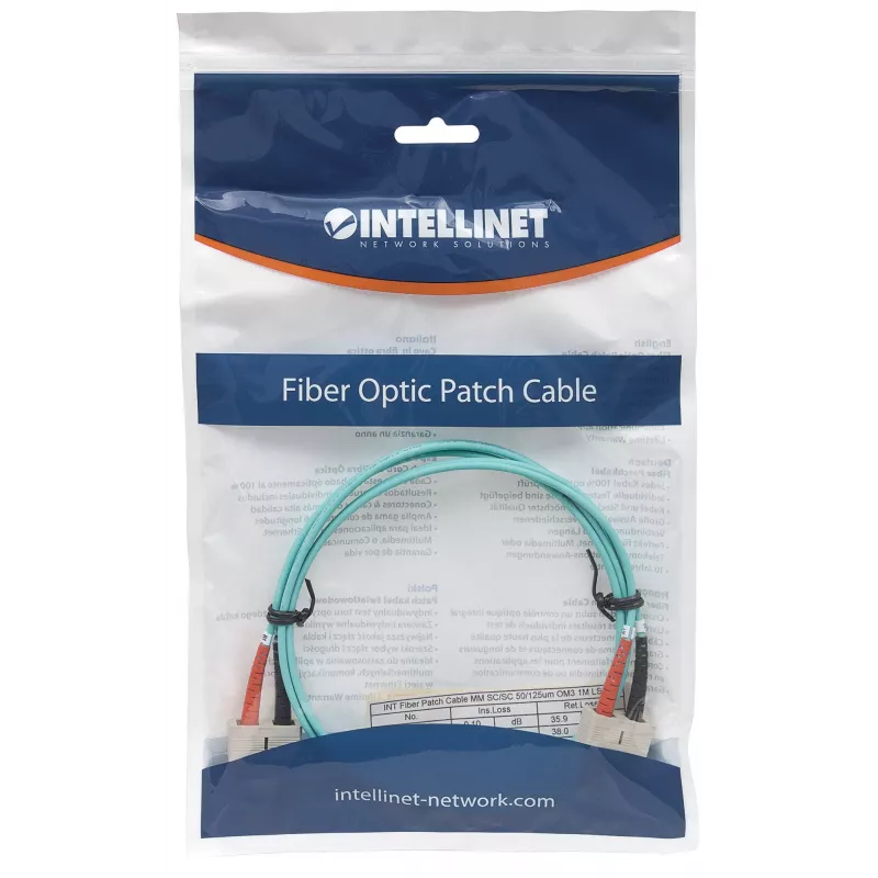 Intellinet LWL-Patchkabel, OM3, SC/SC, 3 m, Aqua, Duplex, Multimode, 50/125 µm, LSZH, Glasfaser, Lebenslange Garantie