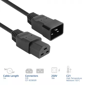 Netzkabel ACT C20–C21 IEC60320 schwarz 1 m, 250 V 16 A