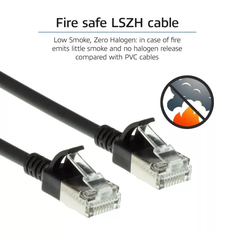 ACT Schwarz 10 Meter LSZH U/FTP CAT6A Datacenter Slimline Patchkabel mit rastfreien RJ45-Steckern