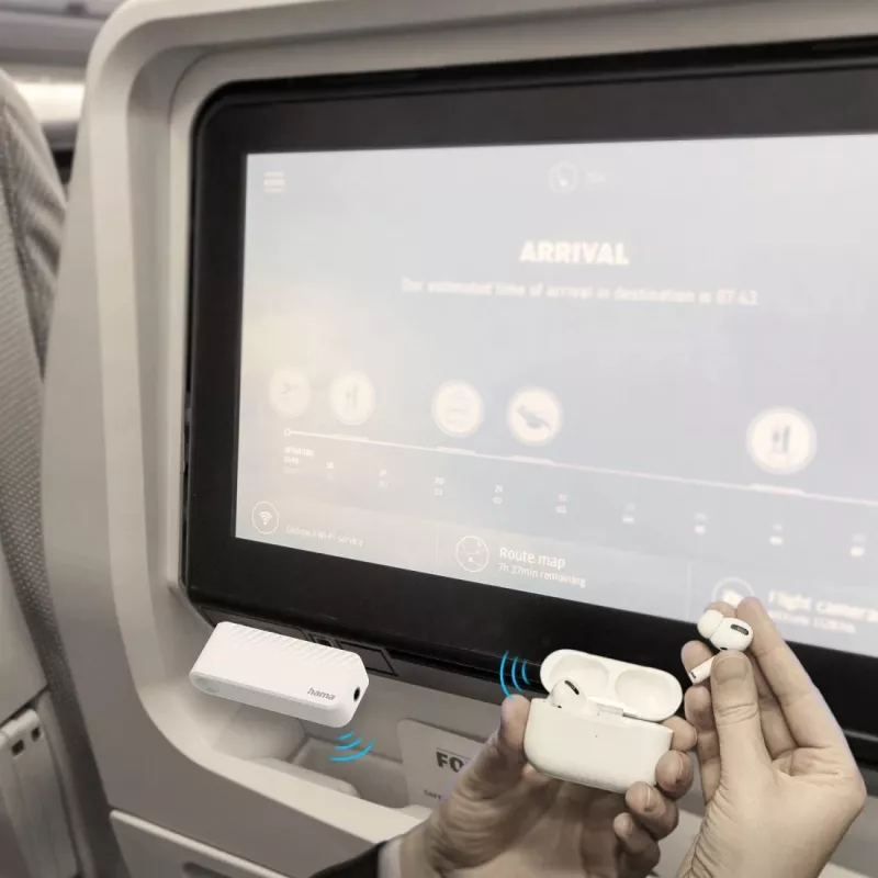 Hama 00014171 Bluetooth-Audiosender für Flugzeuge und universelle Nutzung, 10 h, AUX, Weiß
