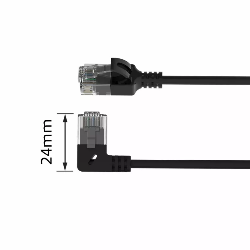 ACT Schwarz 5 Meter U/UTP CAT6A LSZH Slimline-Patchkabel mit RJ45-Steckern 90° abgewinkelt links auf gerade