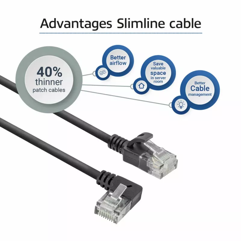 ACT Schwarz 5 Meter U/UTP CAT6A LSZH Slimline-Patchkabel mit RJ45-Steckern 90° abgewinkelt links auf gerade