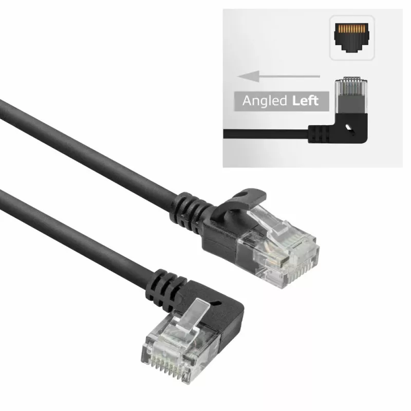 ACT Schwarz 1,5 Meter U/UTP CAT6A LSZH Slimline Patchkabel mit RJ45-Steckern 90° abgewinkelt links auf gerade