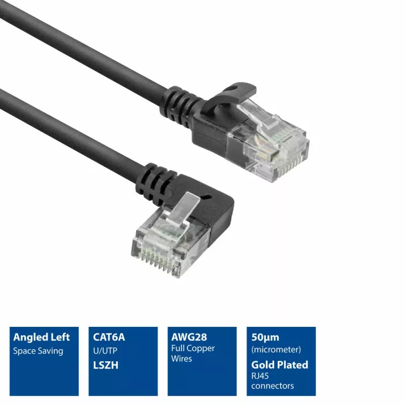 ACT Schwarz 1,5 Meter U/UTP CAT6A LSZH Slimline Patchkabel mit RJ45-Steckern 90° abgewinkelt links auf gerade