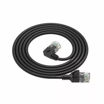 ACT Schwarz 3 Meter U/UTP CAT6A LSZH Slimline-Patchkabel mit RJ45-Steckern 90° abgewinkelt links auf gerade