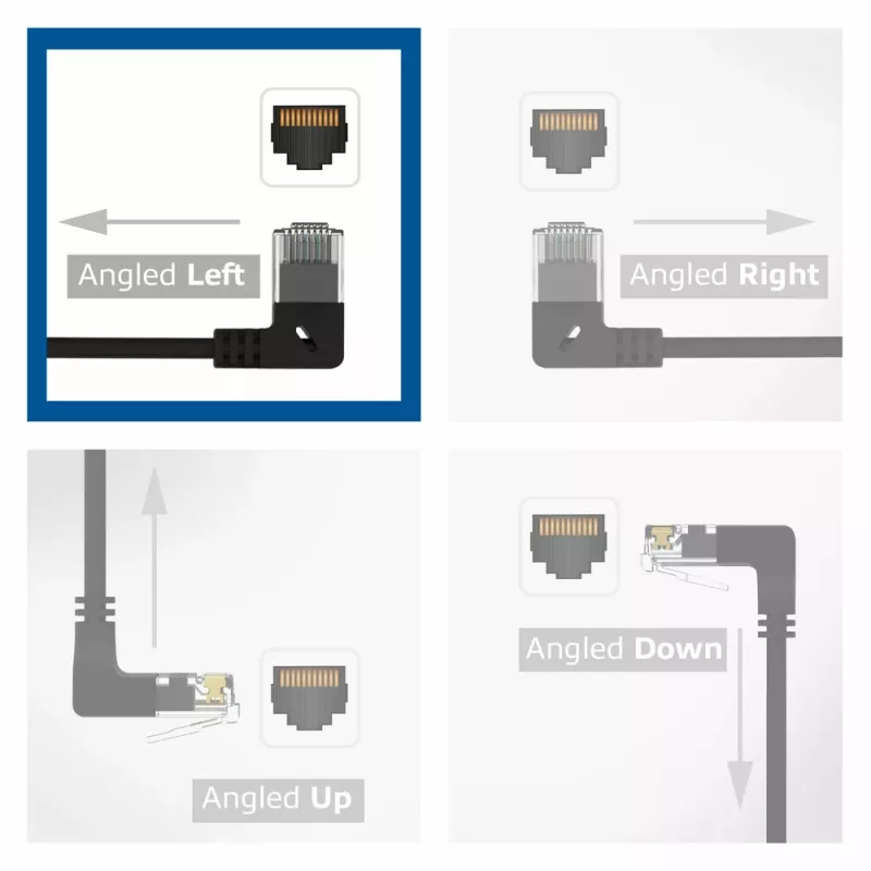 ACT Schwarz 3 Meter U/UTP CAT6A LSZH Slimline-Patchkabel mit RJ45-Steckern 90° abgewinkelt links auf gerade