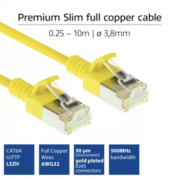 ACT Gelb 0,5 Meter LSZH U/FTP CAT6A Rechenzentrums-Slimline-Patchkabel rastnasenfrei mit RJ45-Steckern