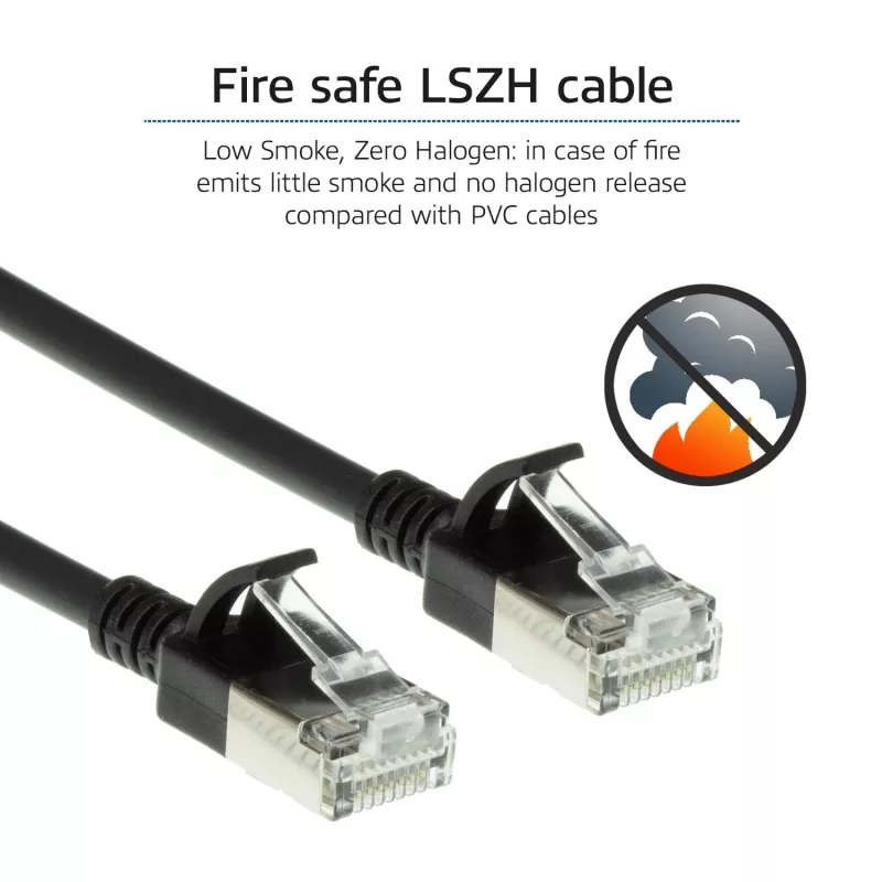 ACT Schwarz 5 Meter LSZH U/FTP CAT6A Rechenzentrums-Slimline-Patchkabel rastnasenfrei mit RJ45-Steckern