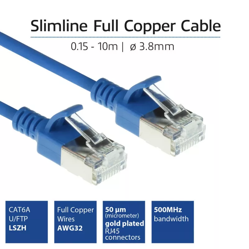 ACT Blau 7m LSZH U/FTP CAT6A Datacenter-Slimline-Patchkabel mit Rastnasenschutz und RJ45-Steckern