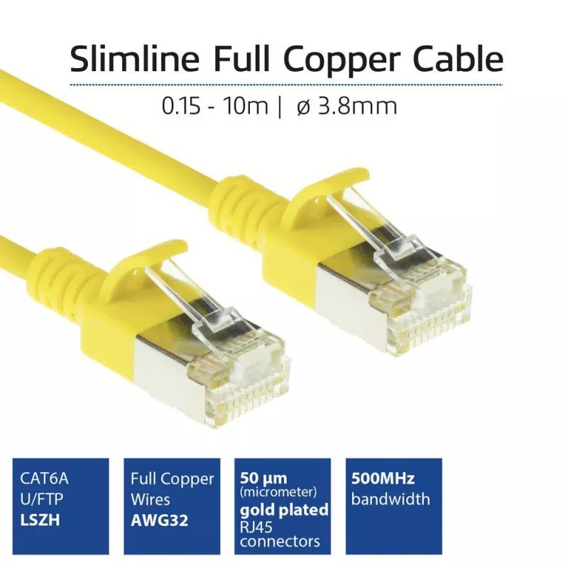 ACT Gelb 10 m LSZH U/FTP CAT6A Rechenzentrums-Slimline-Patchkabel mit RJ45-Steckern und Knickschutz
