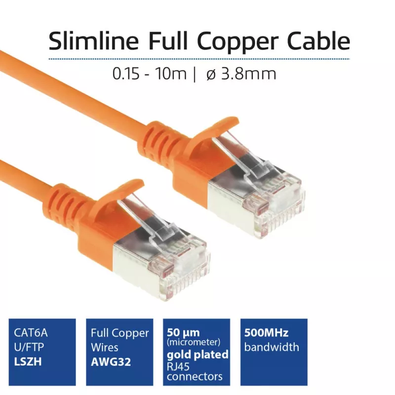 ACT Orange 10 m LSZH U/FTP CAT6A Datacenter Slimline Patchkabel, rastnasenfrei mit RJ45-Steckern