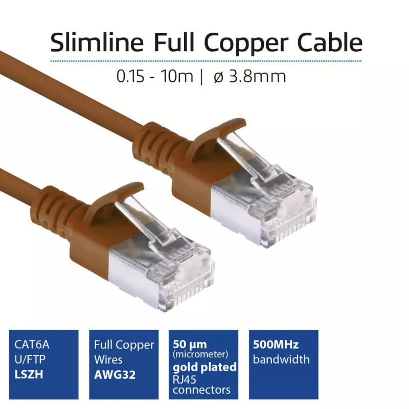ACT braunes 7-Meter LSZH U/FTP CAT6A Rechenzentrum Slimline Patchkabel mit RJ45-Steckern und Rasthakenschutz
