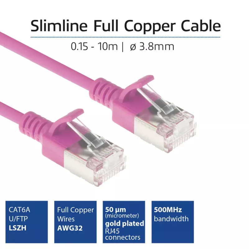 ACT Pink 1 Meter LSZH U/FTP CAT6A Datacenter Slimline Patchkabel mit RJ45-Steckern
