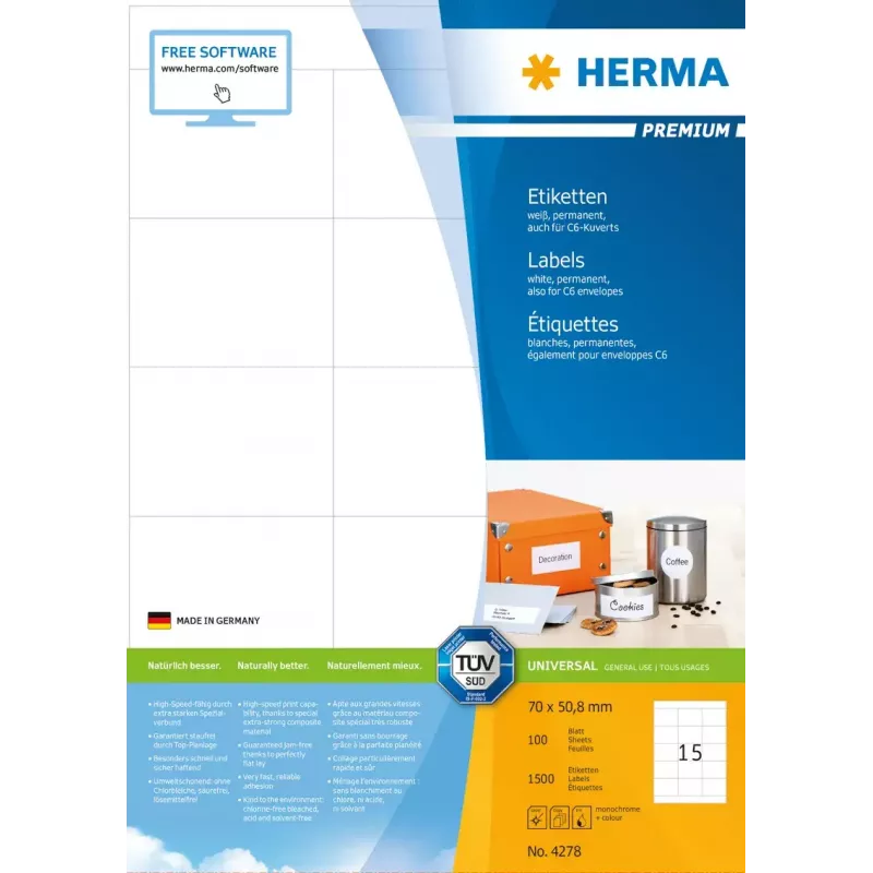 Selbstklebendes Druckeretikett HERMA Labels Premium A4 70x50,8 mm