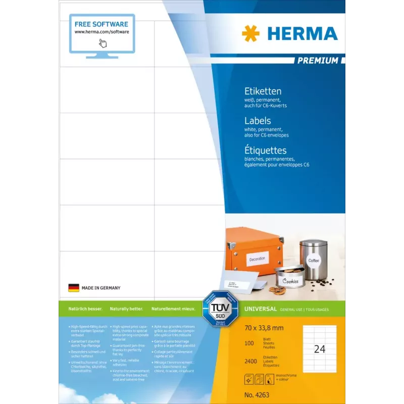 Selbstklebende Druckeretiketten HERMA Premium A4 70x33,8 mm 2400 Stück