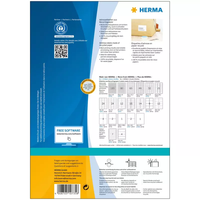 Selbstklebende Druckeretiketten HERMA 10735 Weiß 20 x 14,3 cm 160 Etiketten