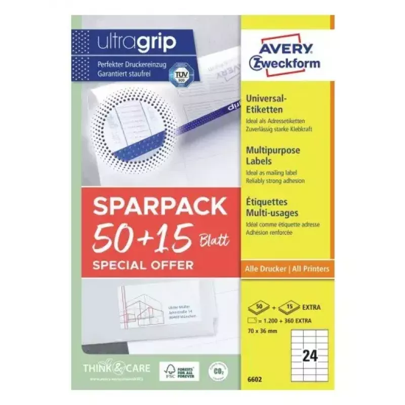 Selbstklebendes Druckeretikett AVERY 6602 Weiß 7x3,6 cm 1560 St.